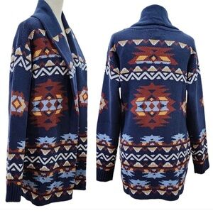Lucky Brand Aztec Southwestern Open Front Lodge Cardigan in Blue Size Large new